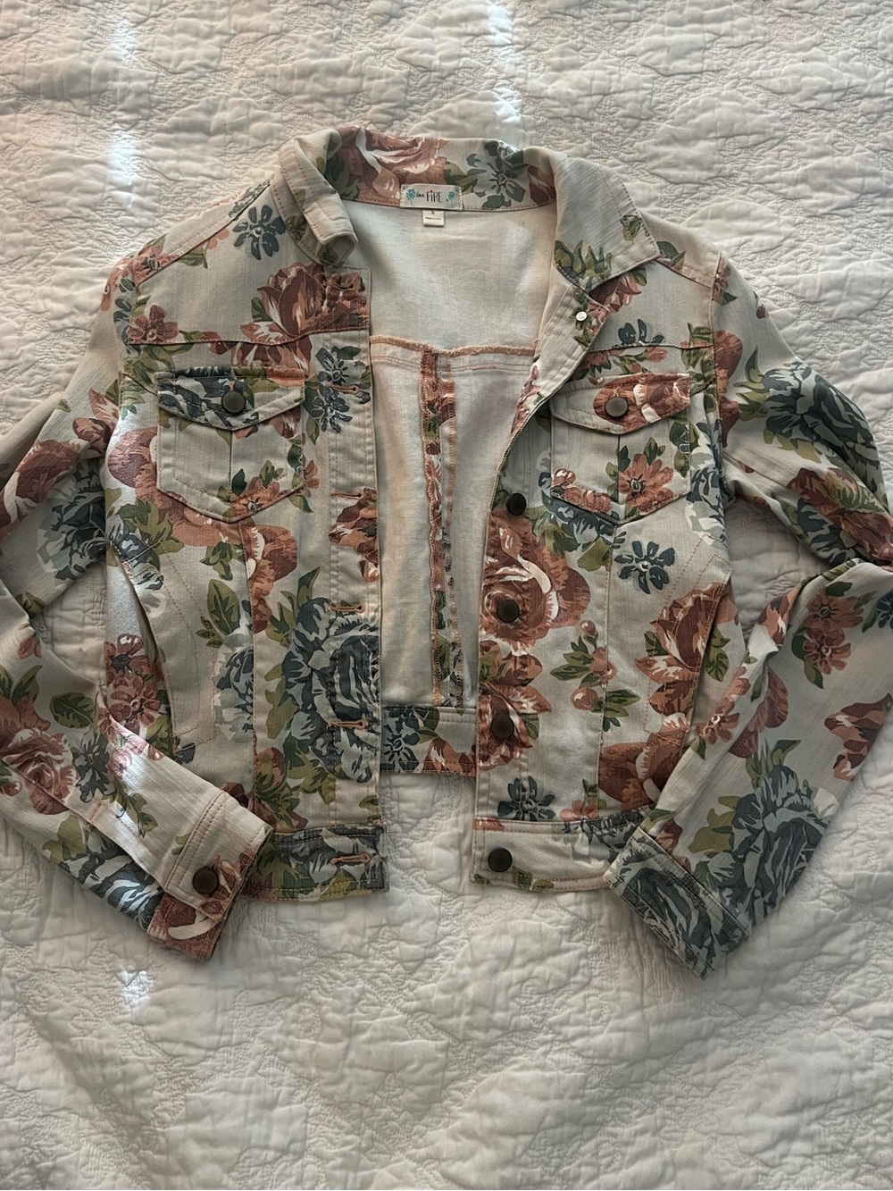 love, Fire Floral Jean Jacket in Cream with Rose & Slate Blooms